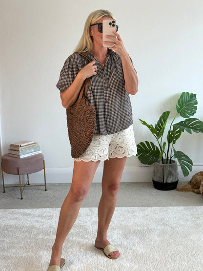 Chocolate Gingham Frill Sleeve Blouse