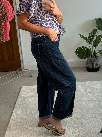 Dark Denim Barrel Leg Panel Jeans