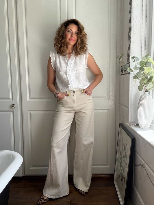 Beige Wide Panel Leg Jeans