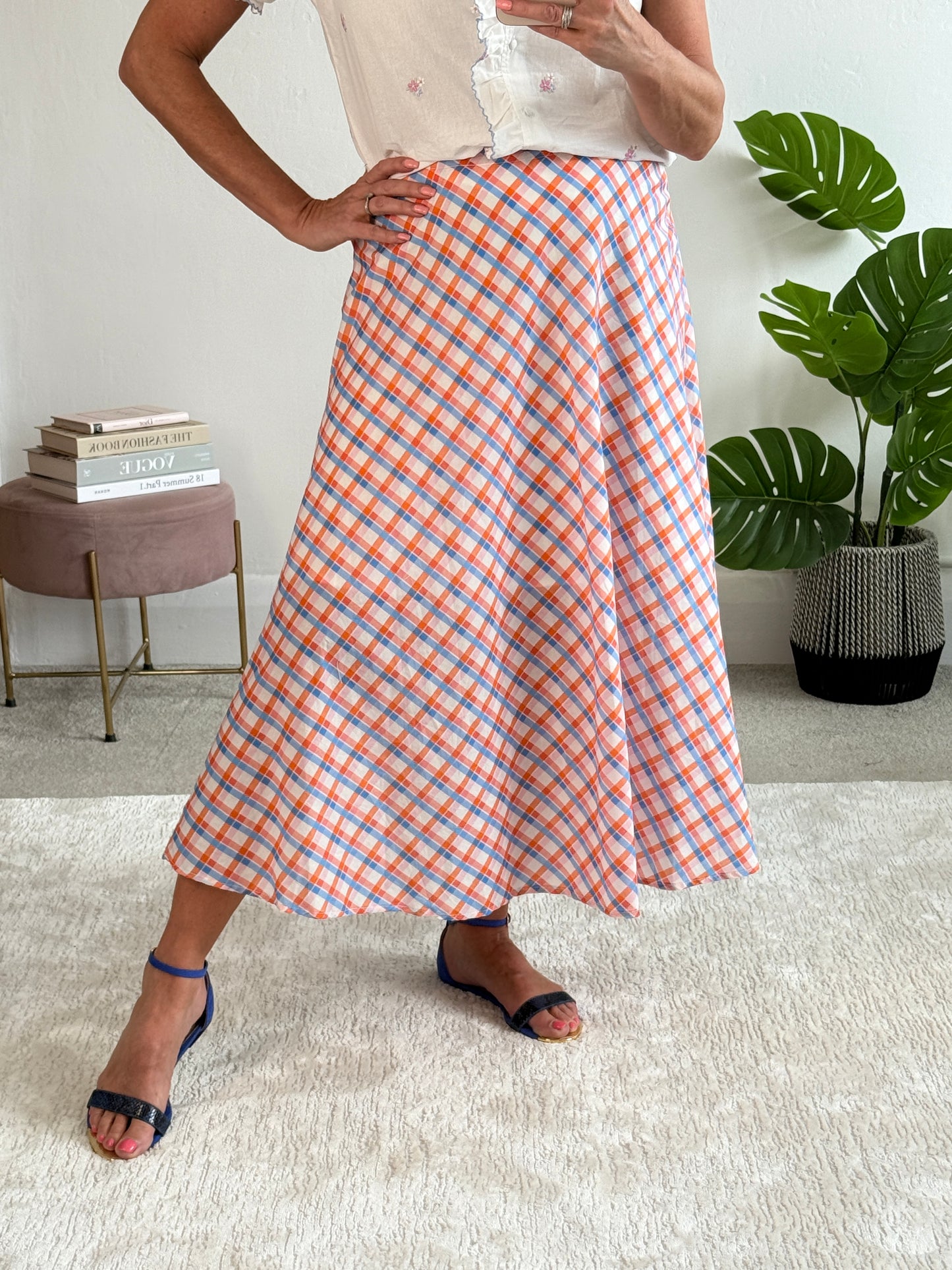 Orange/Blue Retro Check Flared Midi Skirt