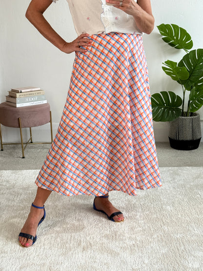 Orange/Blue Retro Check Flared Midi Skirt