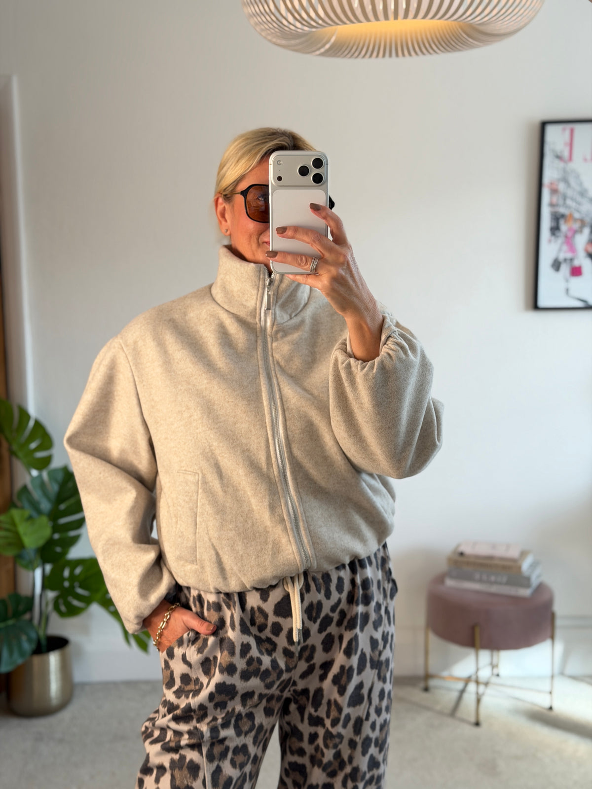 Oatmeal Brushed Funnel Neck Zip Jacket