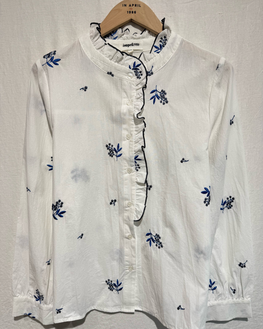 White/Navy Embroidered Floral Blouse