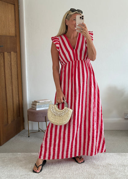 Pink/Red Stripe Cheesecloth Frill Sleeve Maxi Dress