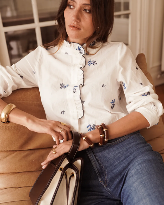 White/Navy Embroidered Floral Blouse