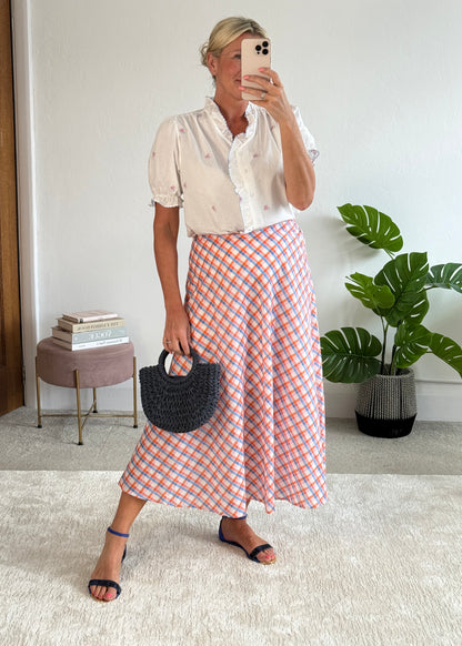 Orange/Blue Retro Check Flared Midi Skirt