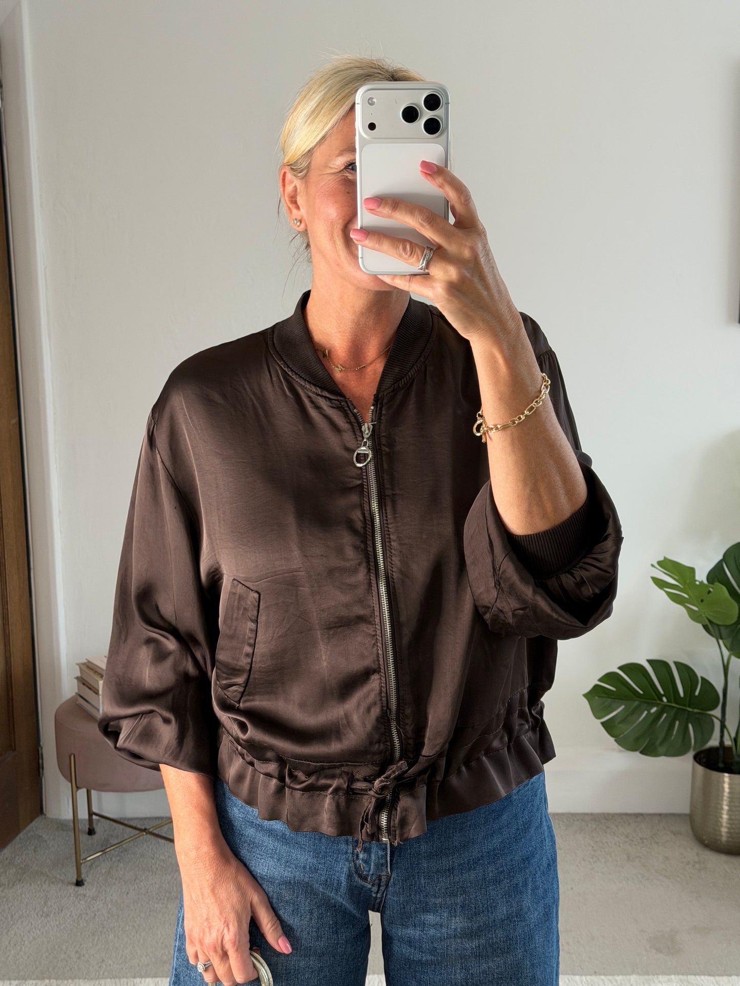 Chocolate Satin Drawstring Bomber Jacket