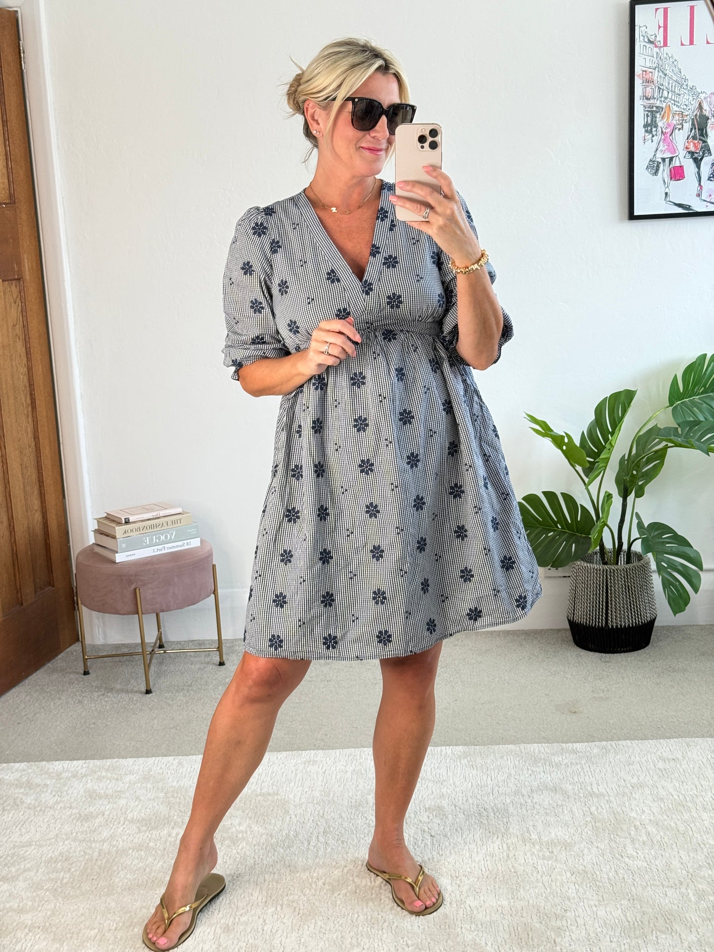 Navy Check Floral Embroidered Dress