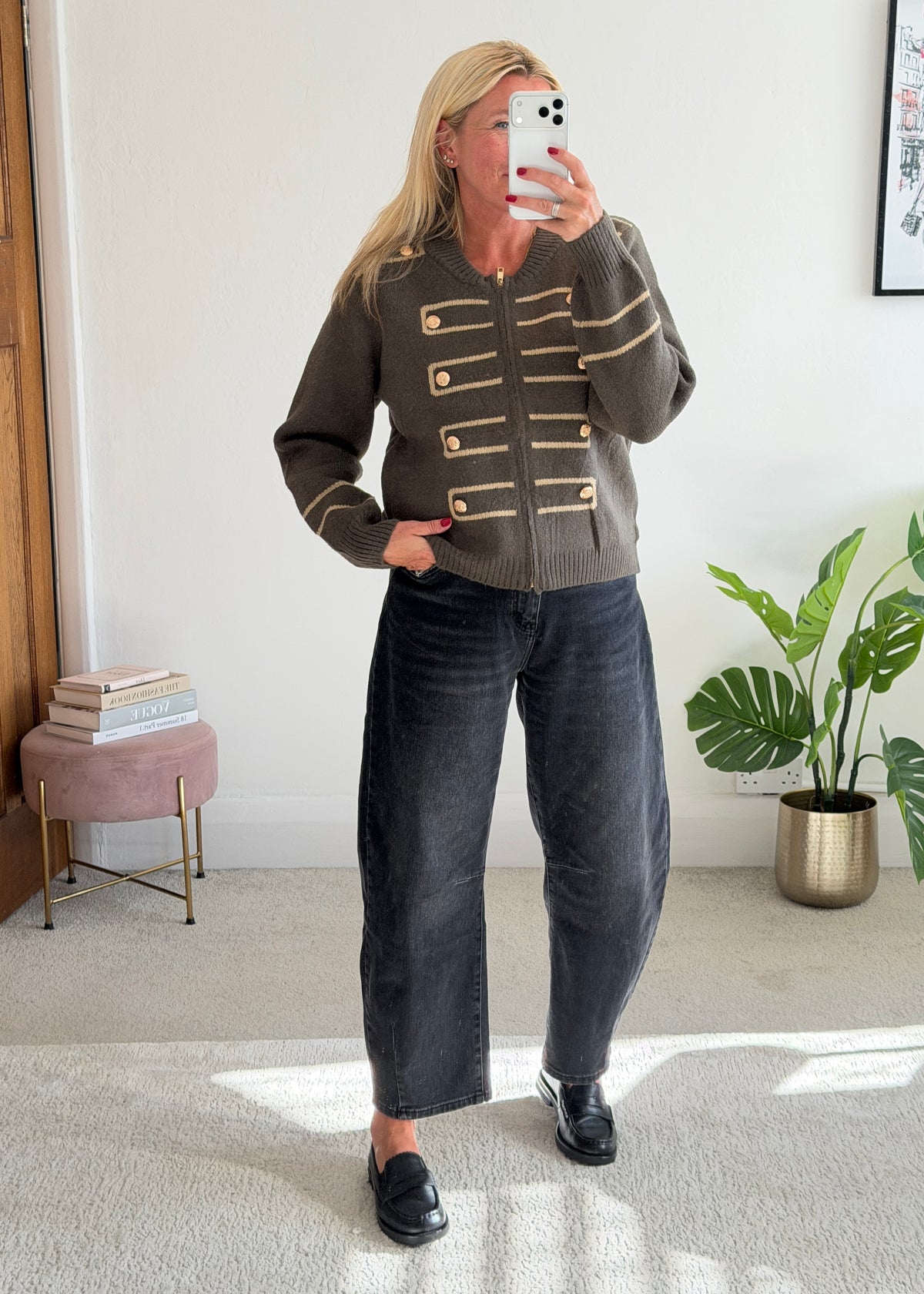 Khaki Military Zip Front Knitted Cardi