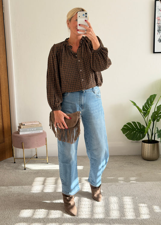 Mocha/Tan Heritage Check Frill Collar Blouse