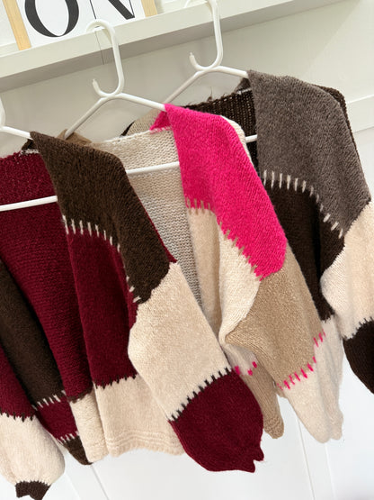 Brown/Mocha Patchwork Contrast Stitch Cosy Cardigan