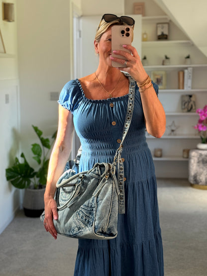 Blue Denim Bardot Tiered Maxi Dress