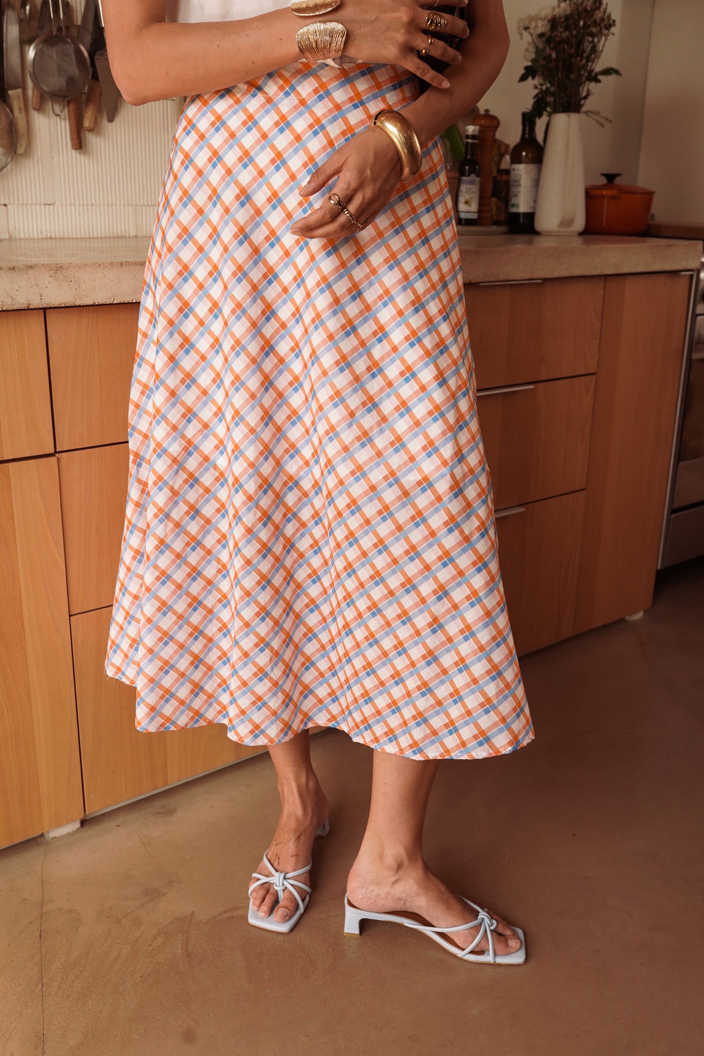 Orange/Blue Retro Check Flared Midi Skirt