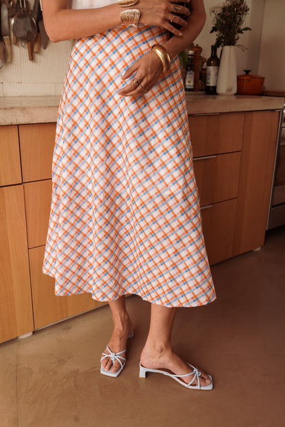 Orange/Blue Retro Check Flared Midi Skirt