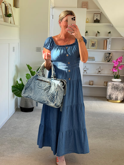 Blue Denim Bardot Tiered Maxi Dress