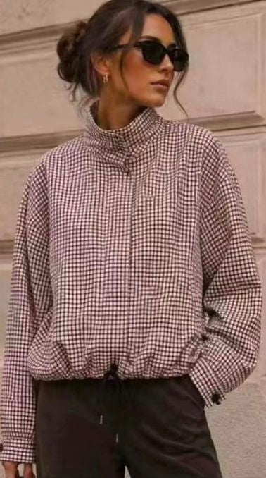 Chocolate Check Funnel Neck Jacket