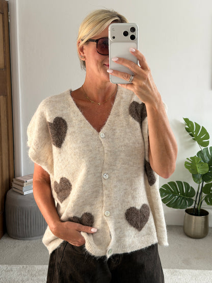Light Oatmeal/Chocolate Oversized Heart Cardigan - PRE ORDER