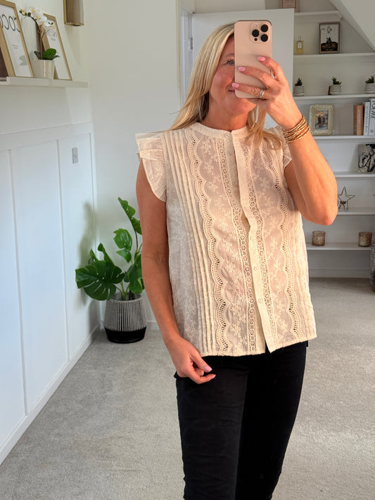 Oatmeal Frill Sleeve Lace Embroidered Blouse