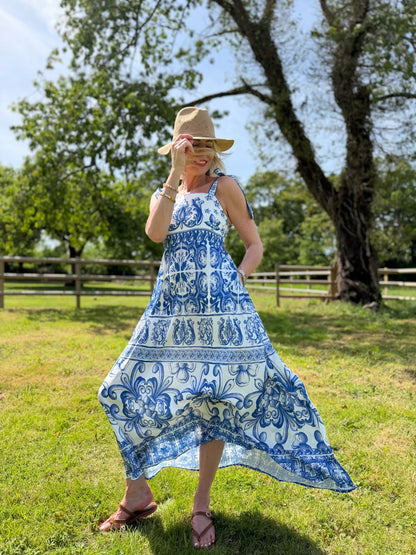 Blue Baroque Tie Strap Dress