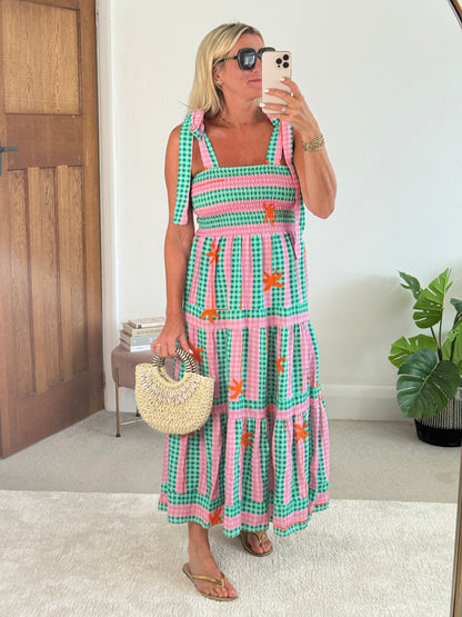 Green/Pink Gingham/Palm Shirred Maxi Dress