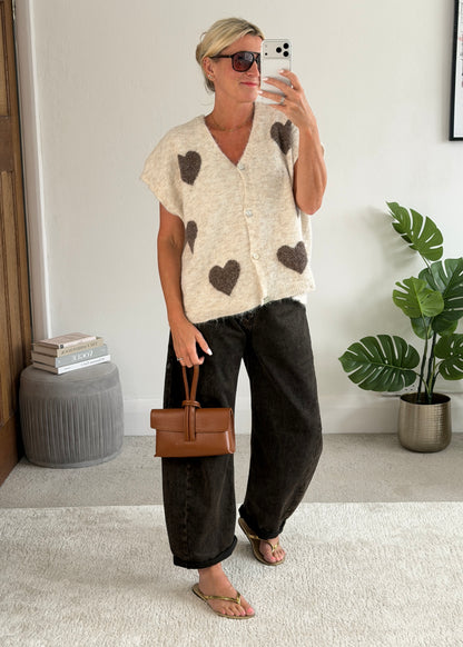 Light Oatmeal/Chocolate Oversized Heart Cardigan - PRE ORDER