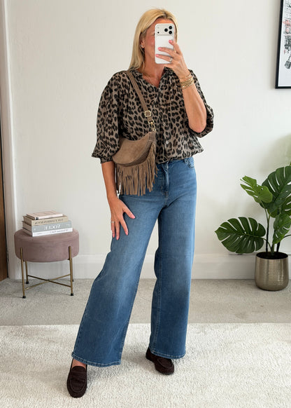 Mocha Leopard 3/4 Puff Sleeve Blouse