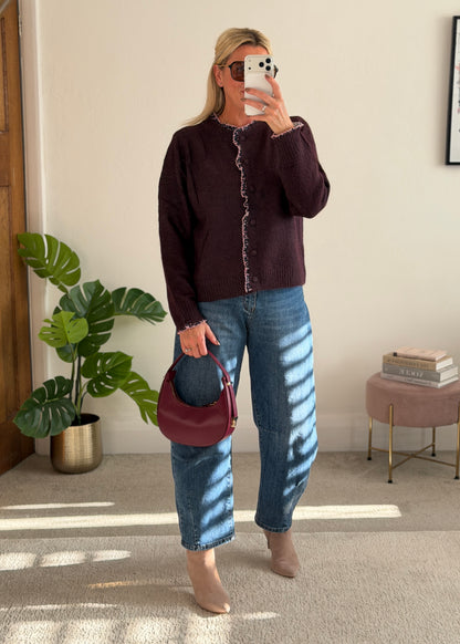 Plum/Pink Floral Frill Trim Cardigan
