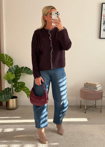 Plum/Pink Floral Frill Trim Cardigan