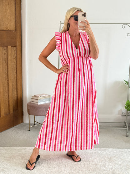 Pink/Red Stripe Cheesecloth Frill Sleeve Maxi Dress (Pre-Order)