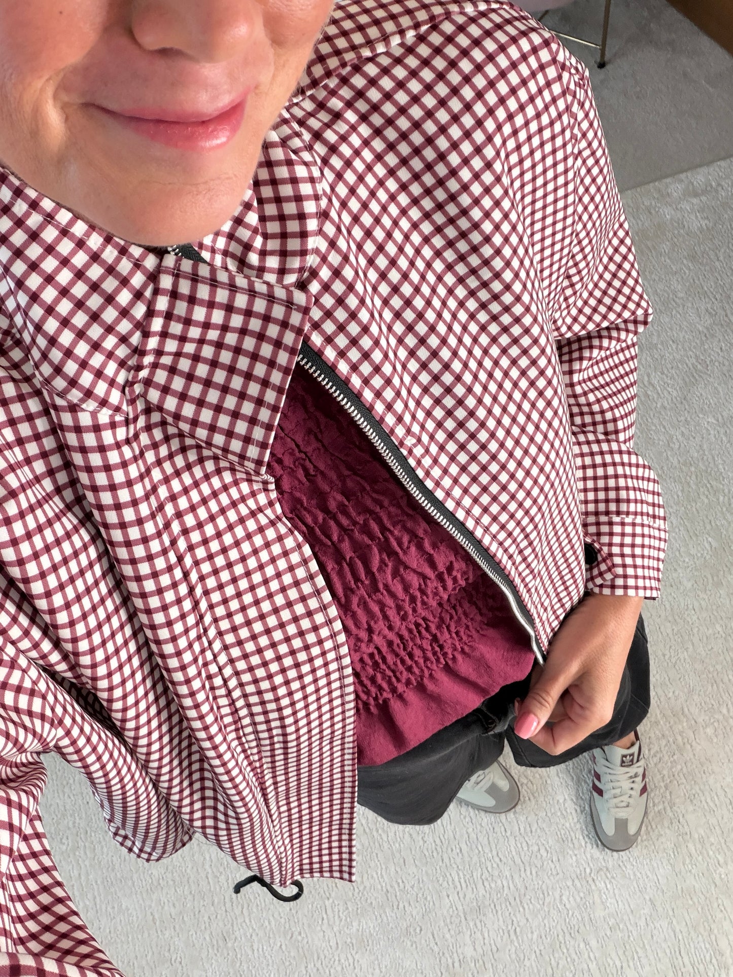 Burgundy Check Funnel Neck Jacket