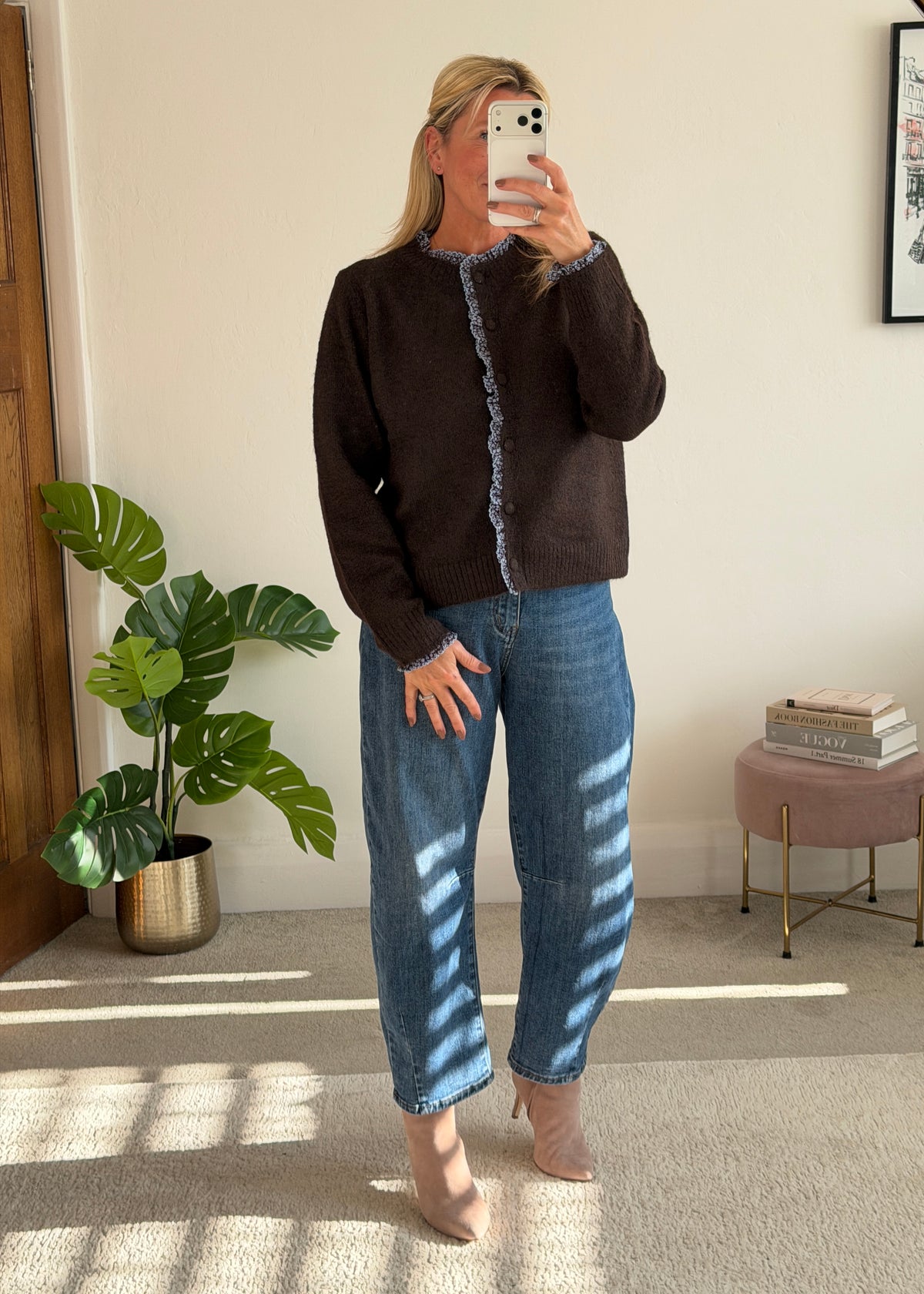 Chocolate/Blue Floral Frill Trim Cardigan