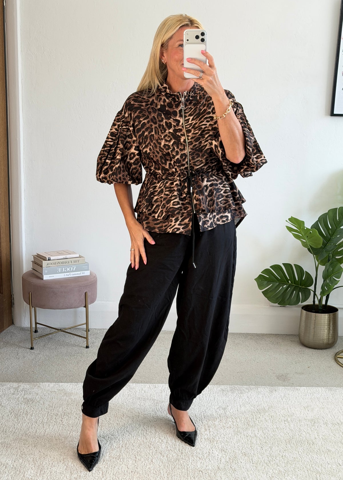 Leopard Balloon Sleeve Peplum Jacket