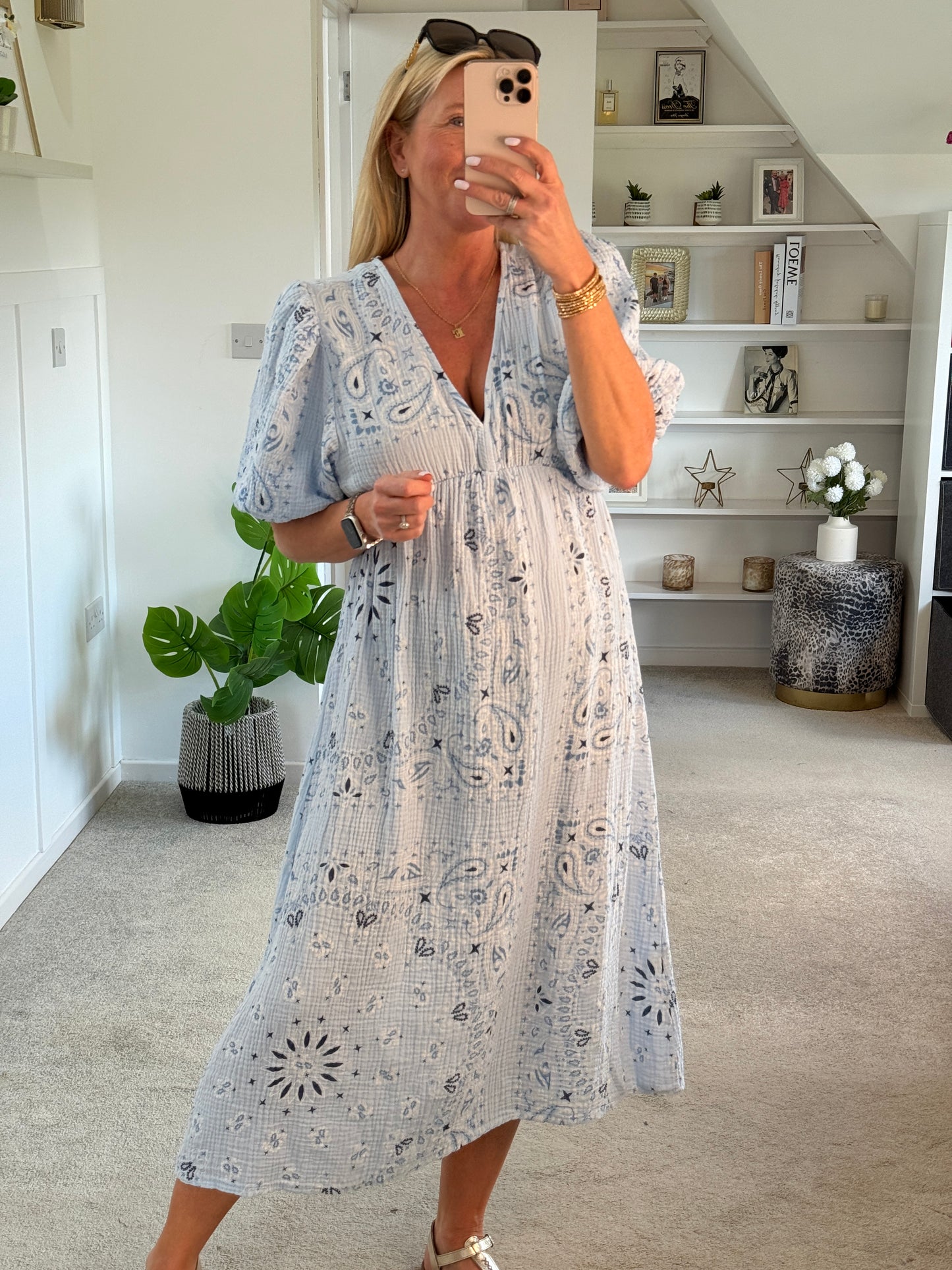 White Paisley Print Cheesecloth Midi Dress