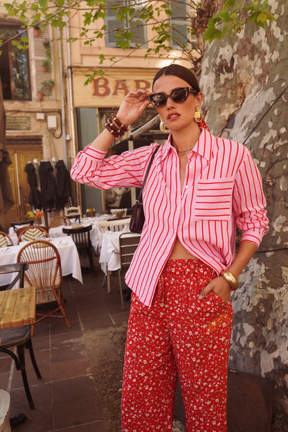 Red Ditsy Floral Trousers