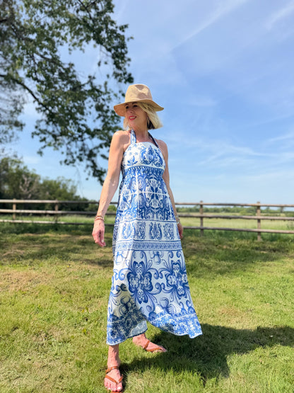 Blue Baroque Tie Strap Dress