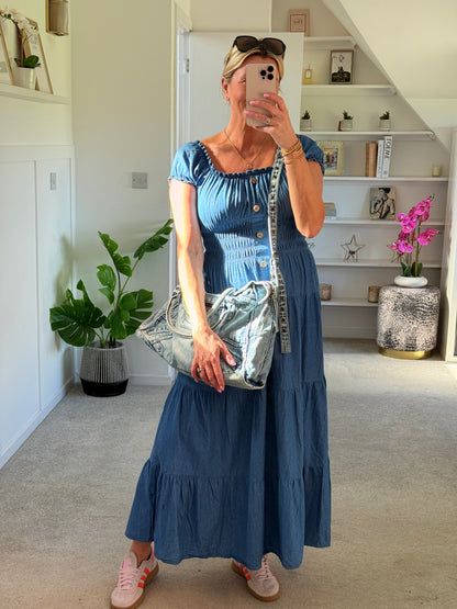 Blue Denim Bardot Tiered Maxi Dress