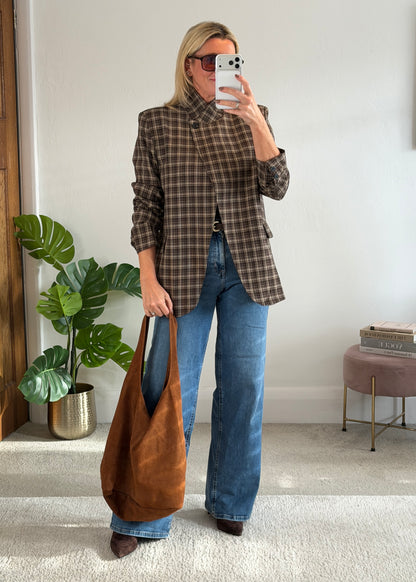 Taupe/Choc Check Asymmetric Button Blazer