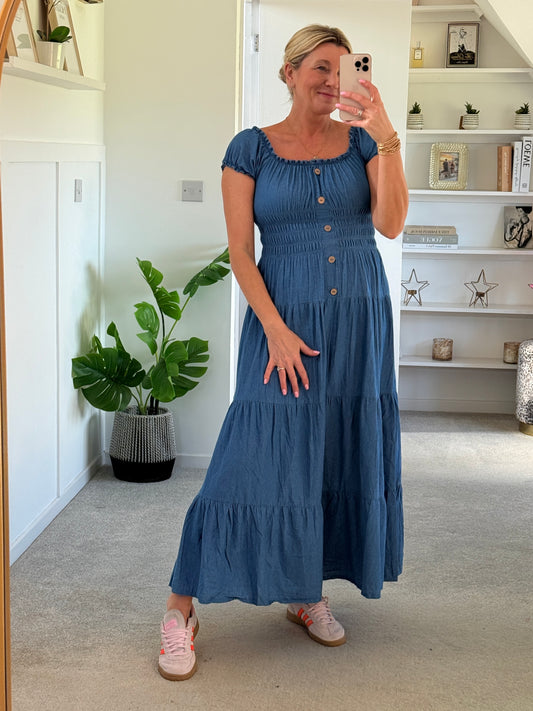 Blue Denim Bardot Tiered Maxi Dress