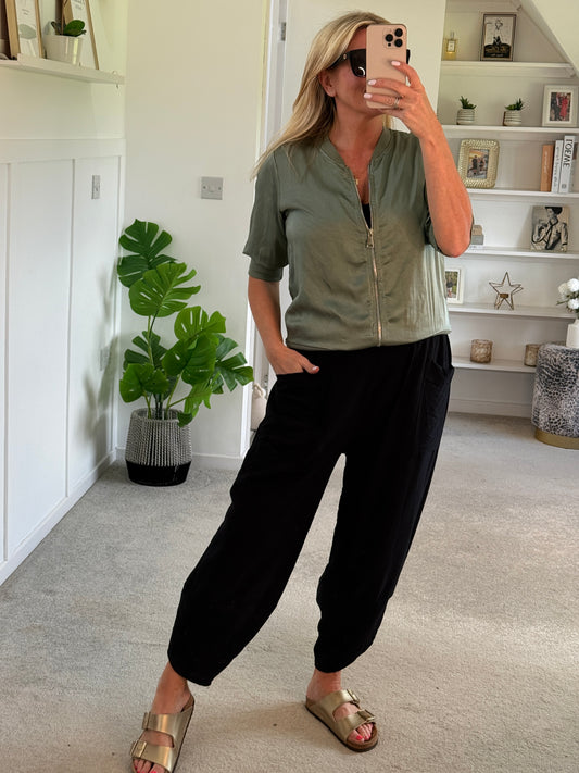 Black Viscose Barrel Cargo Trousers