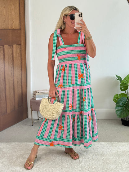 Green/Pink Gingham/Palm Shirred Maxi Dress