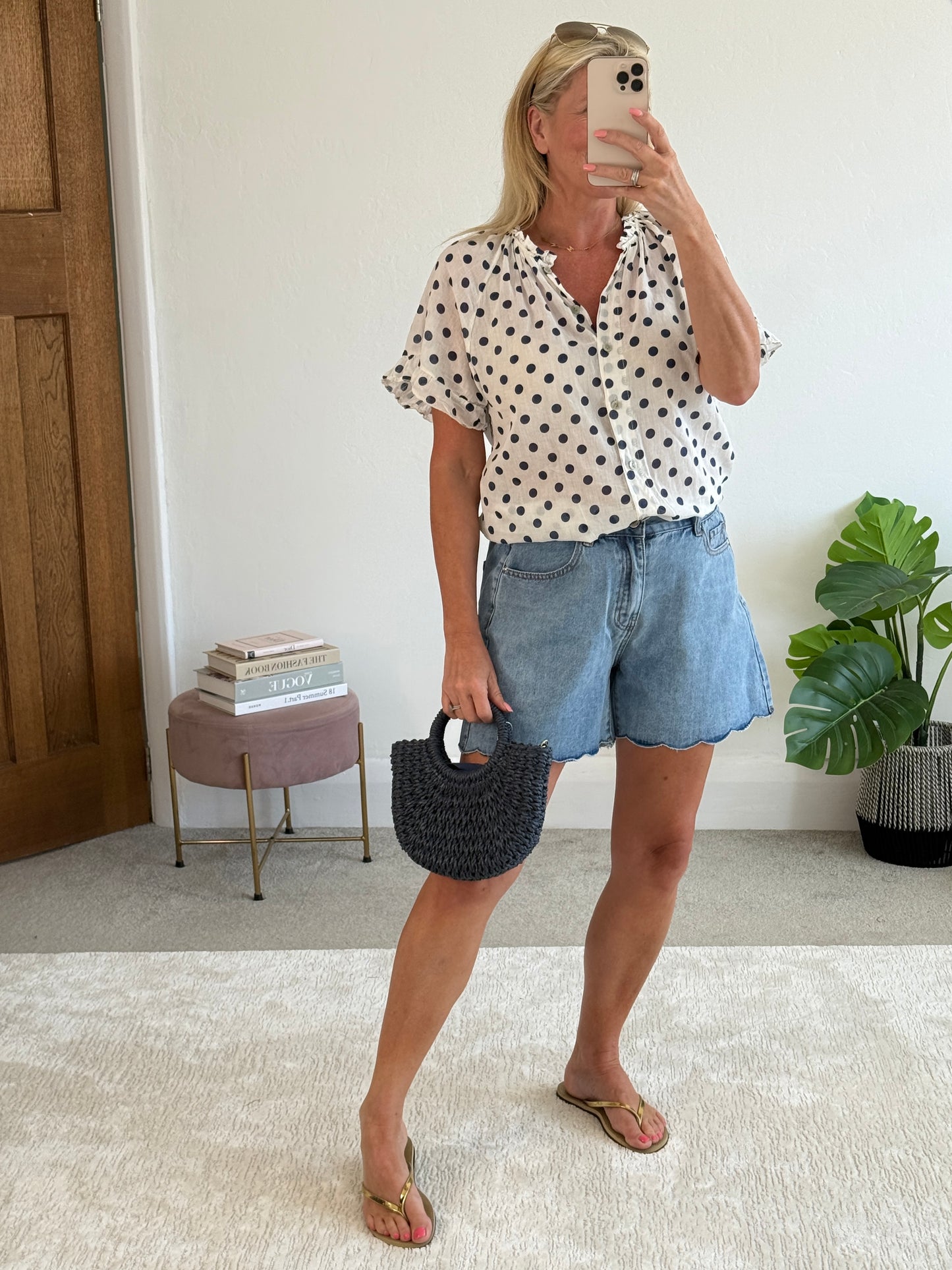 Navy Polka Dot Frill Sleeve Blouse