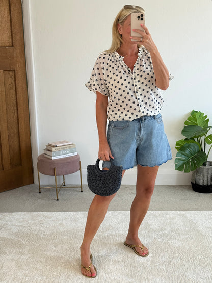 Navy Polka Dot Frill Sleeve Blouse