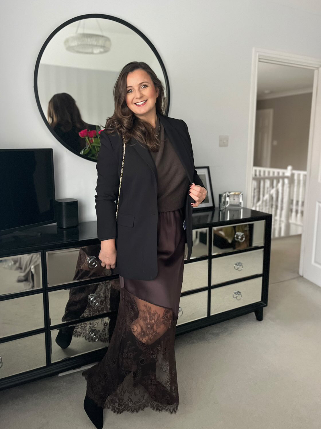 Chocolate Satin Asymmetric Lace Detail Maxi Slip Skirt