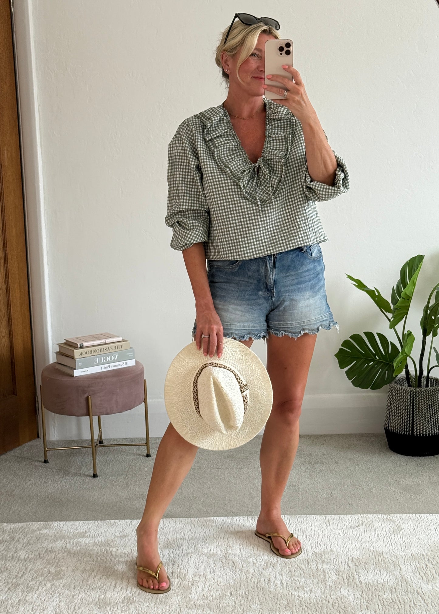Khaki Gingham Ruffle Blouse