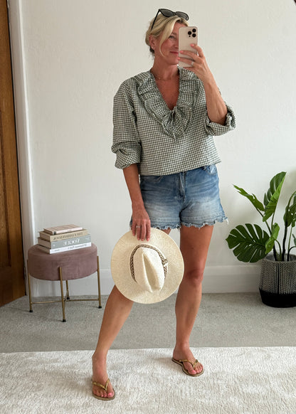 Khaki Gingham Ruffle Blouse