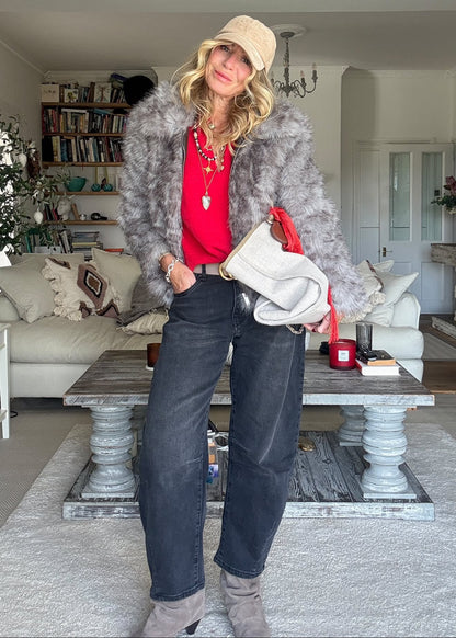 Lila Grey Leopard Faux Fur Jacket