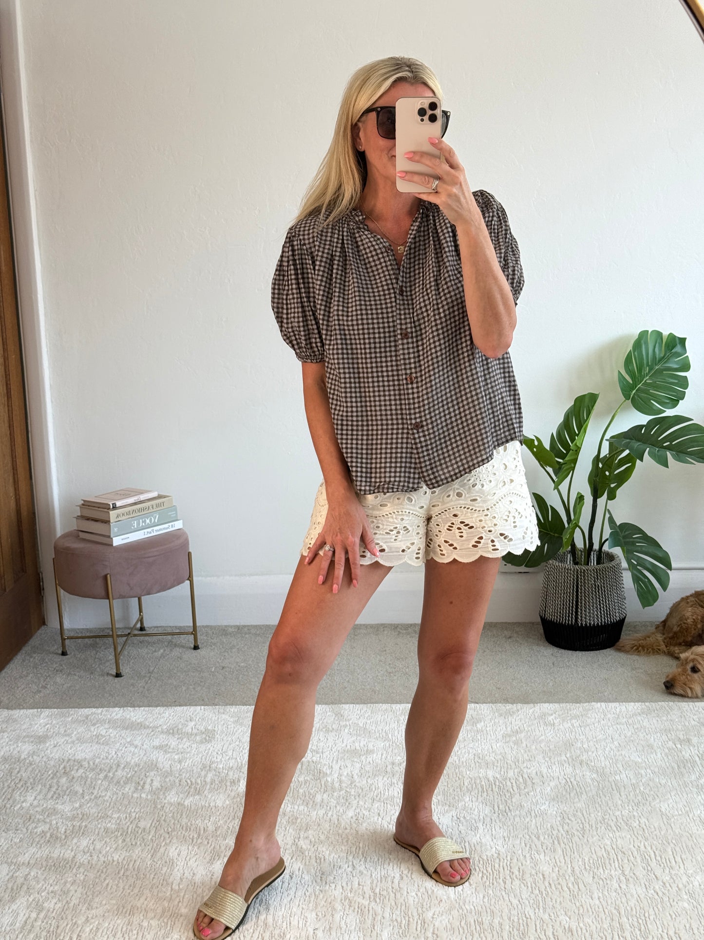 Chocolate Gingham Frill Sleeve Blouse