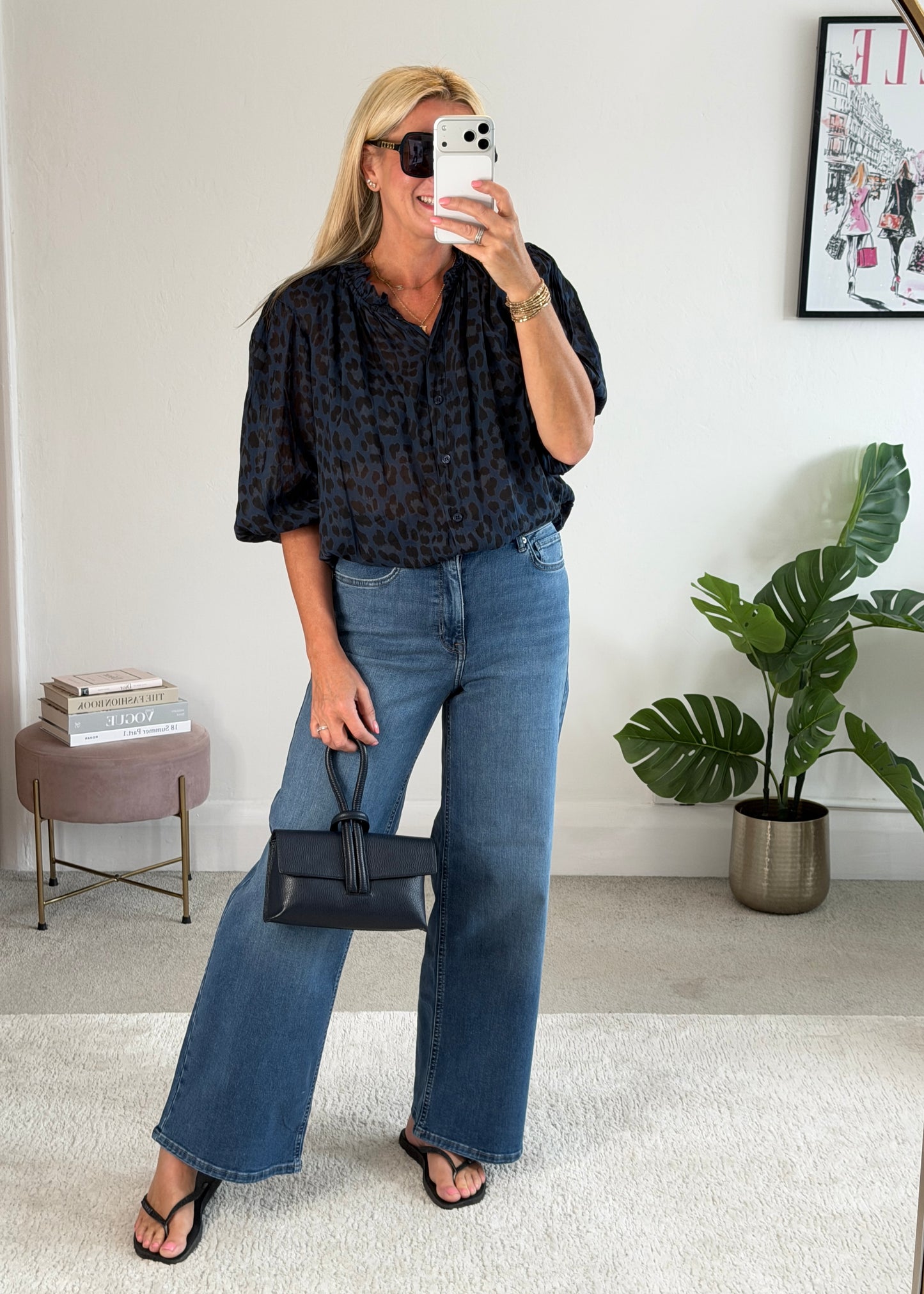 Navy Leopard 3/4 Puff Sleeve Blouse