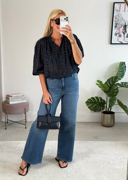 Navy Leopard 3/4 Puff Sleeve Blouse