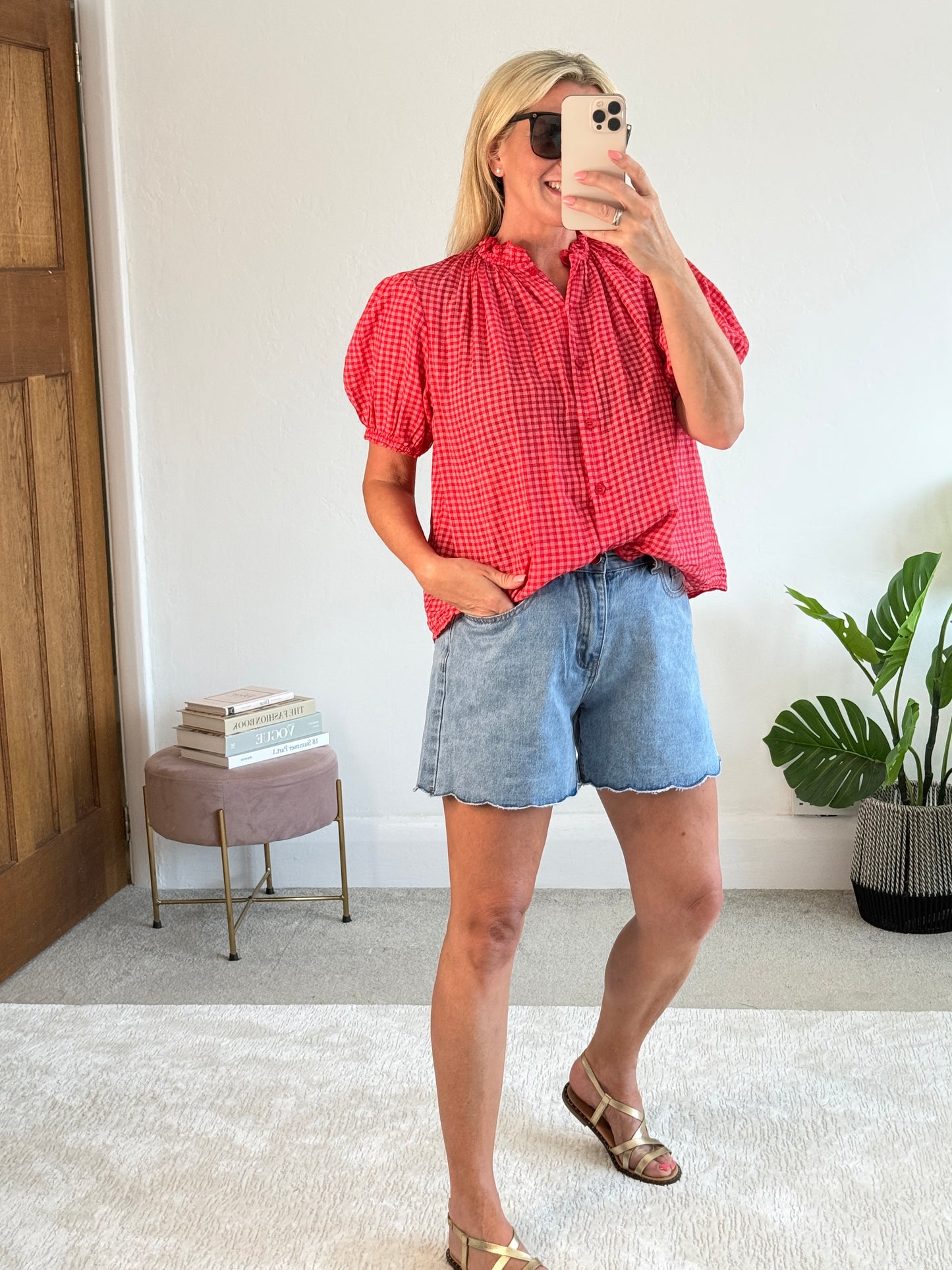 Red Gingham Puff Sleeve Blouse